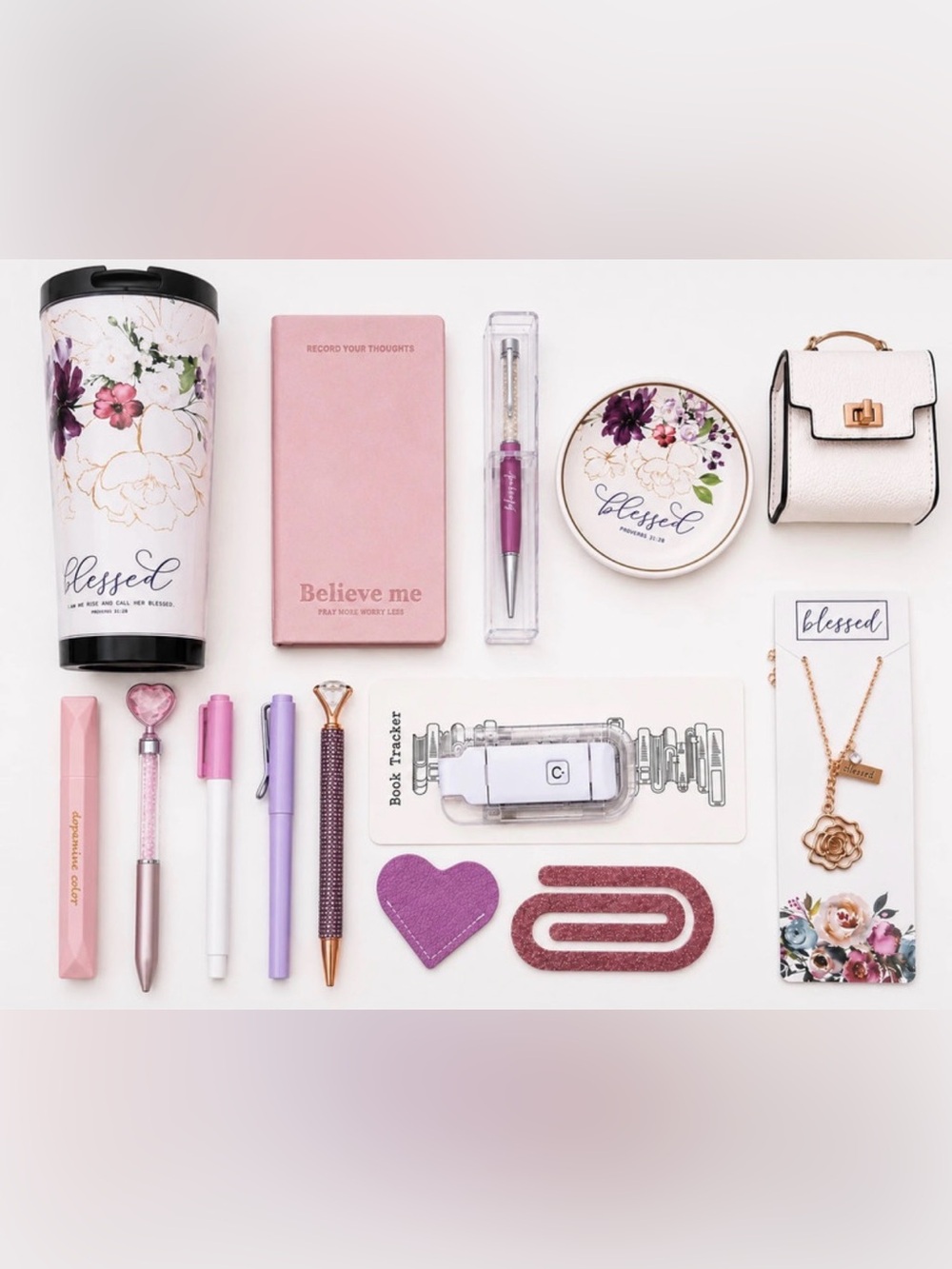 Pink "Believe Me" Journal & Purple Pen Desk Set